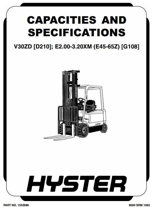 Hyster E45Z, E50Z, E55Z, E60Z, E65Z Electric Forklift Truck G108 Serie Workshop Service Manual (USA)