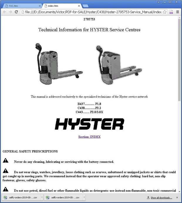 Hyster P1.8, P2.2 Pedestrian Pallet Truck B437, C438 Series Service Repair Manual