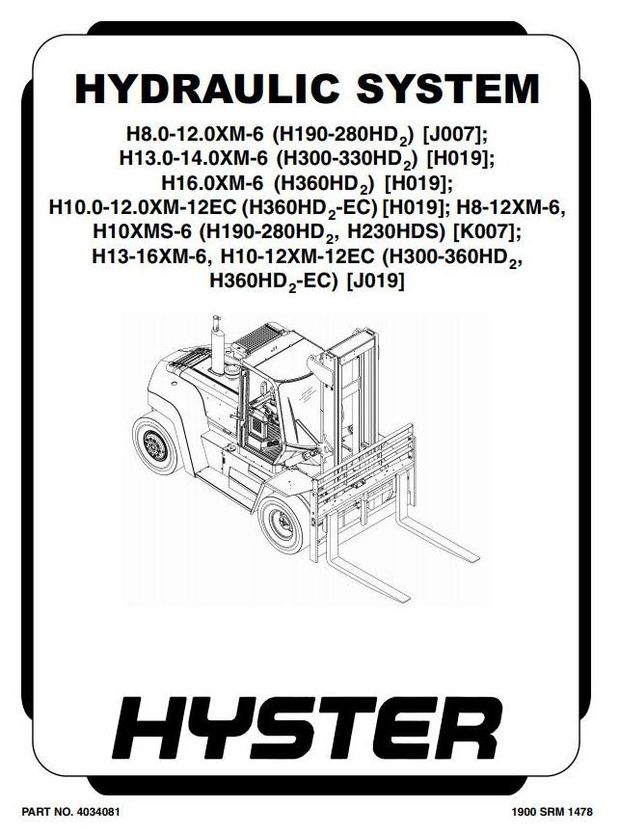 Hyster H300HD2, H330HD2, H360HD2, H360HD2-EC Forklift Truck H019 Serie Workshop Service Manual (USA)