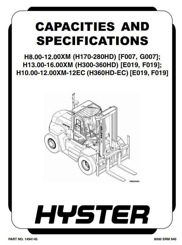Hyster H300HD, H330HD, H360HD, H360HD-EC Forklift Truck F019 Series Workshop Service Manual (USA)