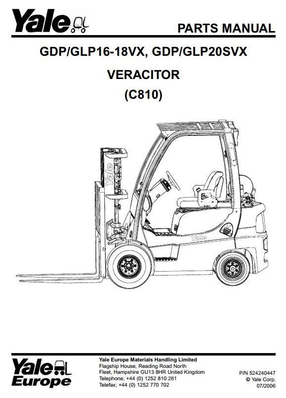Yale GLP16VX, GLP18VX, GLP20SVX, GDP16/18VX, GDP20SVX Forklift Truck C810 Series Parts Manual (EU)