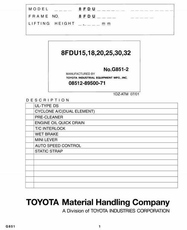 Toyota 8FDU15, 8FDU18, 8FDU20, 8FDU25, 8FDU30, 8FDU32 Diesel Forklift Truck Parts Manual (G851-2)