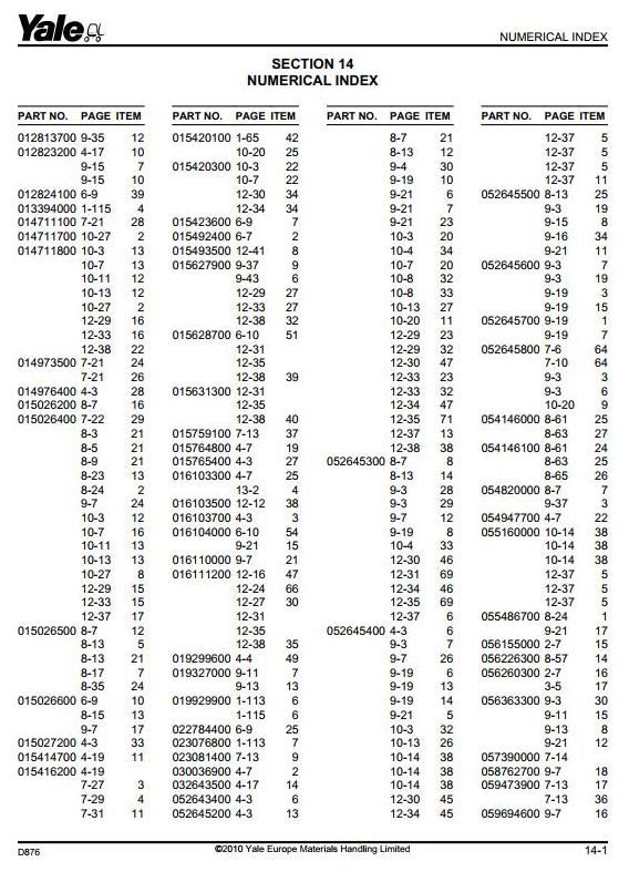 Yale GDP80DB, GDP90DB, GDP100DB, GDP120DB Diesel Forklift Truck D876 Series Parts Manual (Europe)