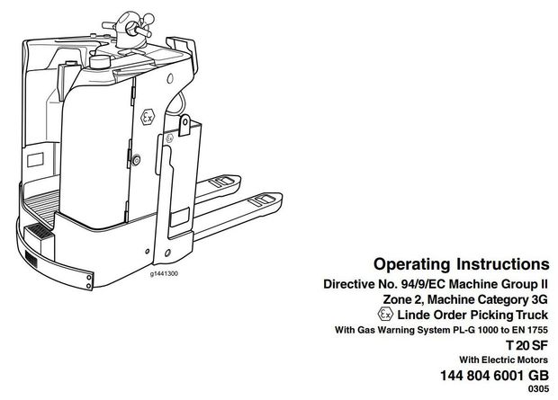 Linde T20SF Explosion Protected Pallet Truck 144 series Operating Instructions (User Manual)