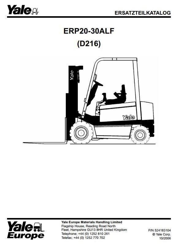 Yale ERP20ALF, ERP25ALF, ERP30ALF Electric Forklift Truck D216 Series Parts Manual (Europe)