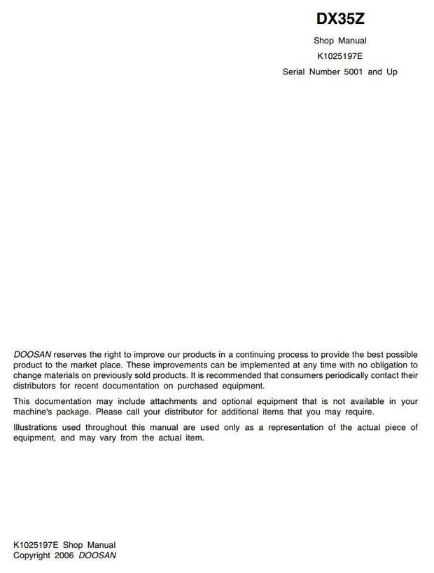 Doosan DX35Z (SN. from 5001) Excavator Workshop Service Manual