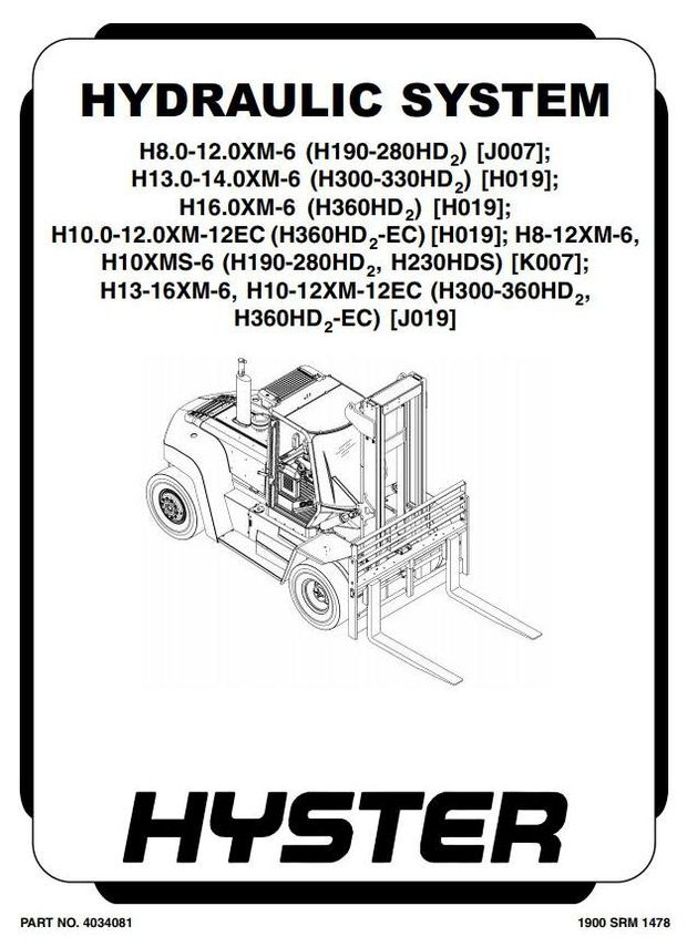 Hyster H8XM-6, H9XM-6, H10XM-6, H10XMS-6, H12XM-6 Forklift Truck J007 Series Service Manual (Europe)