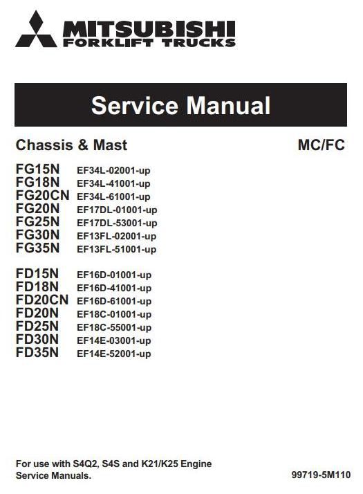 Mitsubishi FD15N, FD18N, FD20CN, FD20N, FD25N, FD30N, FD35N Diesel Forklift Truck Service Manual