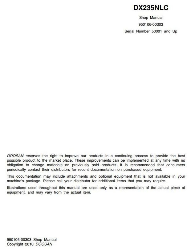 Doosan DX235NLC (SN. from 50001) Crawler Excavator Workshop Service Manual