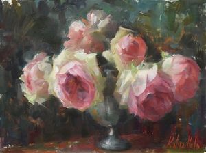 Eden Roses in a Silver Vase.  Archival Print.  Still Life.  Floral Painting. Flowers. 