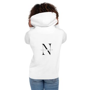 Unisex hoodie-white with NICKIVIBES signature black logo on the back