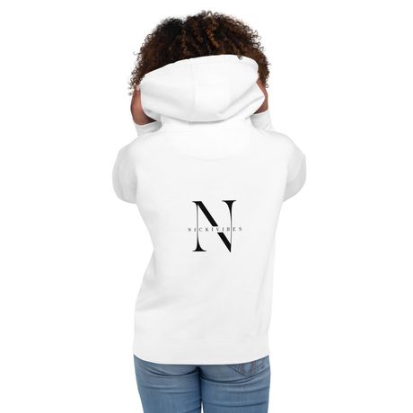 Unisex hoodie-white with NICKIVIBES signature black logo on the back