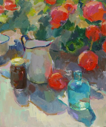 Still Life with Geraniums and Enamel Pitcher 24"x20"
