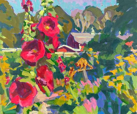 Door County Hollyhocks &amp;. Cats 11x14" Print