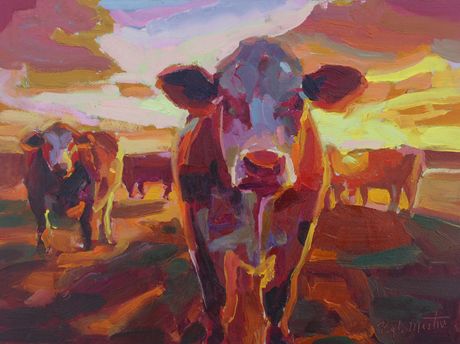 Cows at Sunset with Stormclouds 9x12&quot;