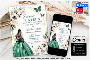 sweet sixteen invitations digital Digital Quinceanera Birthday Electronic Invite 16th Editable 