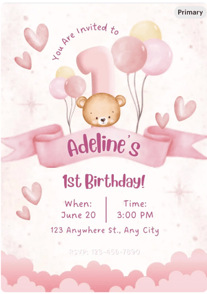 Canva Editable Digital Bear 1st Birthday Invitation Custom Bear-Themed Birthday Invite Baby&#x27;s Bday