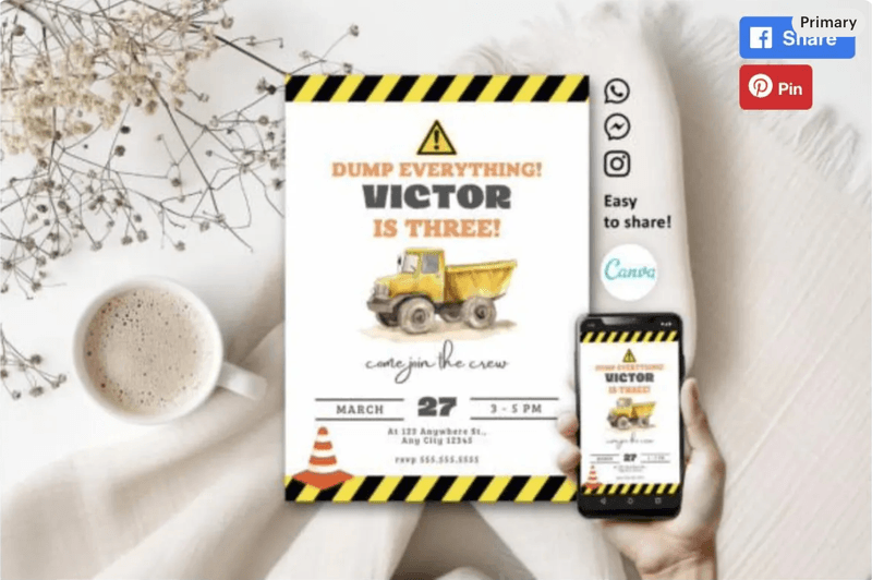 Construction Dump Truck Party Invitation Construction Invite Construction Birthday Invitations Dump 