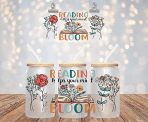 READING HELPS YOUR MIND BLOOM 16OZ UV DTF LIBBEY GLASS CUP WRAP