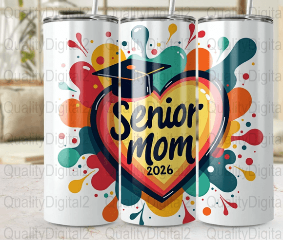 Senior Mom 2026 Digital Tumbler Wrap, 20oz Skinny Tumbler Design, Straight and Tapered PNG, Heart 