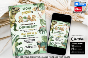 Dinosaur Birthday Invite Template Canva Editable dinosaur birthday invite  Jurassic world evite 