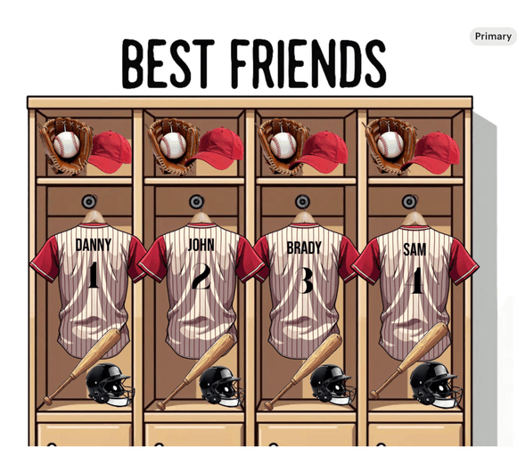 Personalized Best Friends Baseball Locker PNG 2, 3, or 4 Friends Custom Names &amp; Numbers Sports Room 