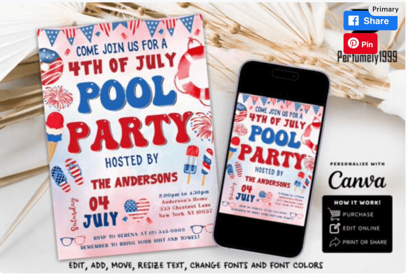 Firecracker Pool Party Invite Template Editable 4Th Of July Pool Party Birthday Invitation July 4th