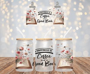 HAPPINESS IS COFFEE AND A GOOD BOOK  16OZ UV DTF LIBBEY GLASS CUP WRAP