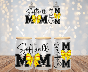 SOFTBALL MOM YELLOW BOW UV DTF 16OZ GLASS CUP WRAP