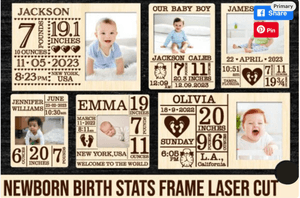 Newborn Birth Stats Frame Laser Cut Baby Photo frame Child metrica Glowforge cut file Laser cut file
