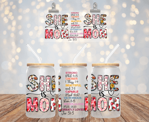 SHE IS MOM UV DTF 16OZ GLASS CUP WRAP