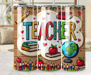 Teacher Appreciation Tumbler Wrap PNG, Teacher Gift Digital Download, Books Globe Apple Pencil 