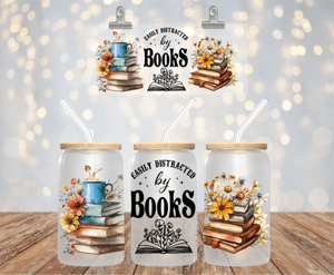 EASILY DISTRACTED BY BOOKS 16OZ UV DTF LIBBEY GLASS CUP WRAP
