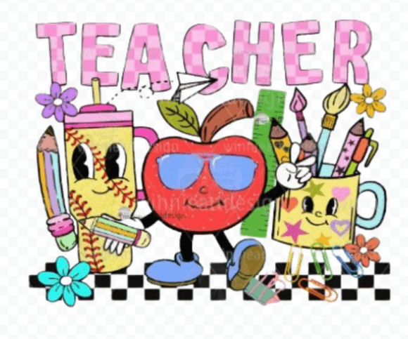 Groovy Teacher Back to School Doodle PNG Groovy Teacher png Retro Teacher Things png Teacher Bright 