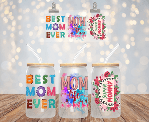 BEST MOM EVER UV DTF 16OZ GLASS CUP WRAP SUPER MOMMY WRAP