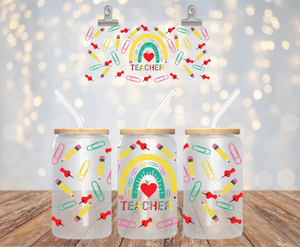TEACHER RAINBOW UV DTF 16OZ GLASS CUP WRAP