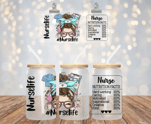 NURSE LIFE UV DTF 16OZ GLASS CUP WRAP