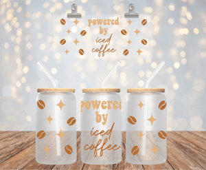 Powered By Iced Coffee  UV DTF Glass Cup Decal - 16oz Libbey Wrap