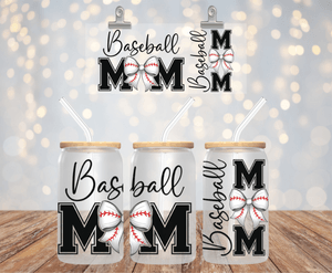 BASEBALL MOM BOW UV DTF 16OZ GLASS CUP WRAP