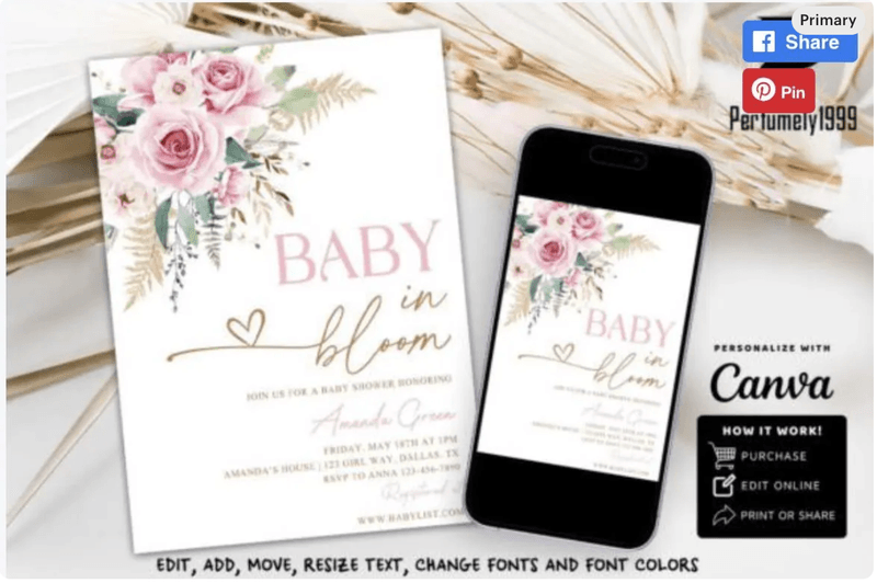 Baby in Bloom Baby Shower Invitation DIGITAL Baby Shower Invite Baby in Bloom Electronic Girl Baby S
