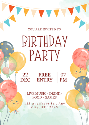 Editable Kids Birthday Invitation Template | Watercolor Balloon Party Invite | Canva Editable Digita