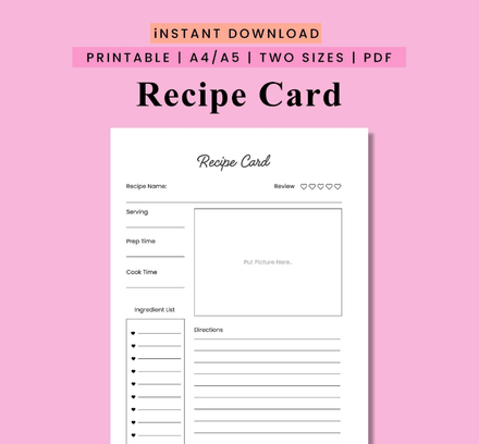 Recipe Card | Printable | PDF | Digital Download | Journal Page | A4, A5