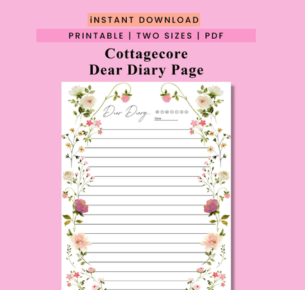 Cottagecore Dear Diary Page | Printable | PDF | Digital Download | Journal Page | A4, A5