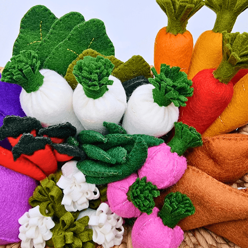 Felt 3D Vegetable PDF Sewing Patterns - aubergine, carrots, potatoes, parsnips, peppers, peas, etc
