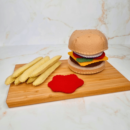 Felt Burger and French Fries Playset PDF Sewing Pattern - burger bun, tomato, salad, mushroom, sauce