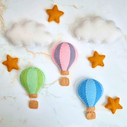 Felt hot air balloon ornament PDF sewing pattern, easy diy garlands and cute hanging decorations