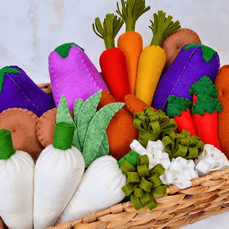 Felt 3D Vegetable PDF Sewing Patterns - aubergine, carrots, potatoes, parsnips, peppers, peas, etc