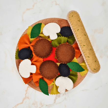 Felt Italian Pasta PDF Sewing Pattern &amp; Tutorial, butterfly pasta, breadsticks, olives, sauce, basil