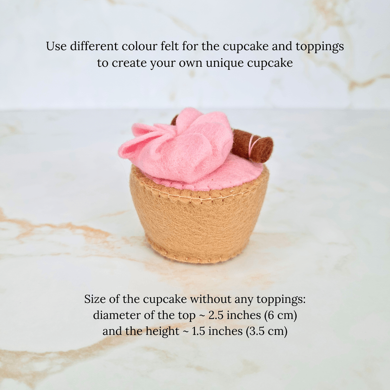 Felt Cupcake PDF Sewing Pattern - with fruit, cream and wafer, easy and beginner-friendly