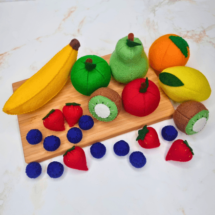 Felt Food 3D Fruit Playset PDF Sewing Pattern  - oranges, apples, banana, kiwi pear, strawberry, etc